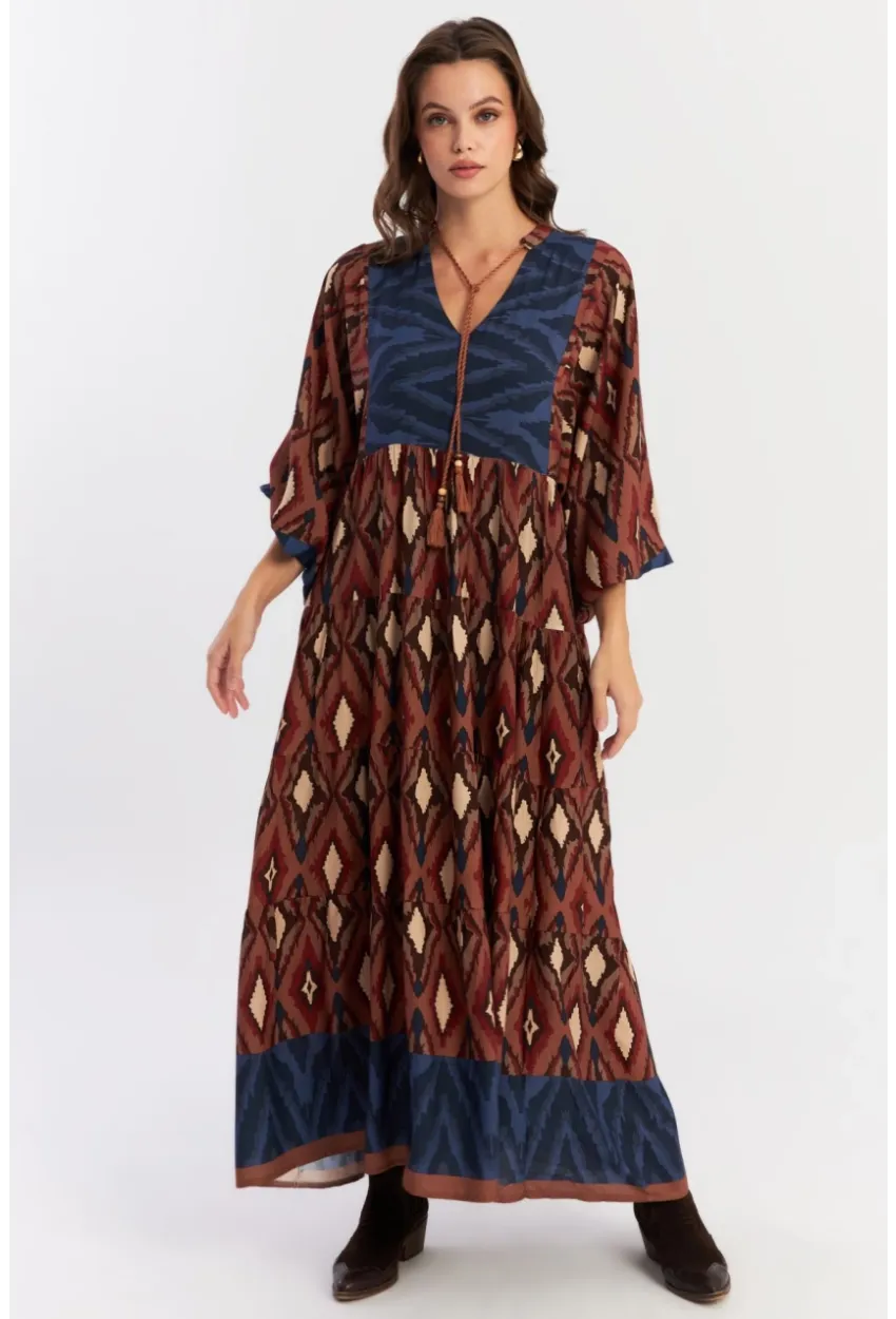 Kadın Kahverengi Desenli Dokuma Maxi Elbise ALO235