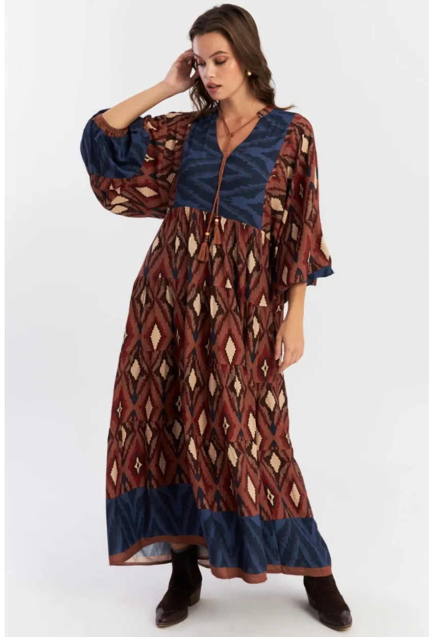 Kadın Kahverengi Desenli Dokuma Maxi Elbise ALO235