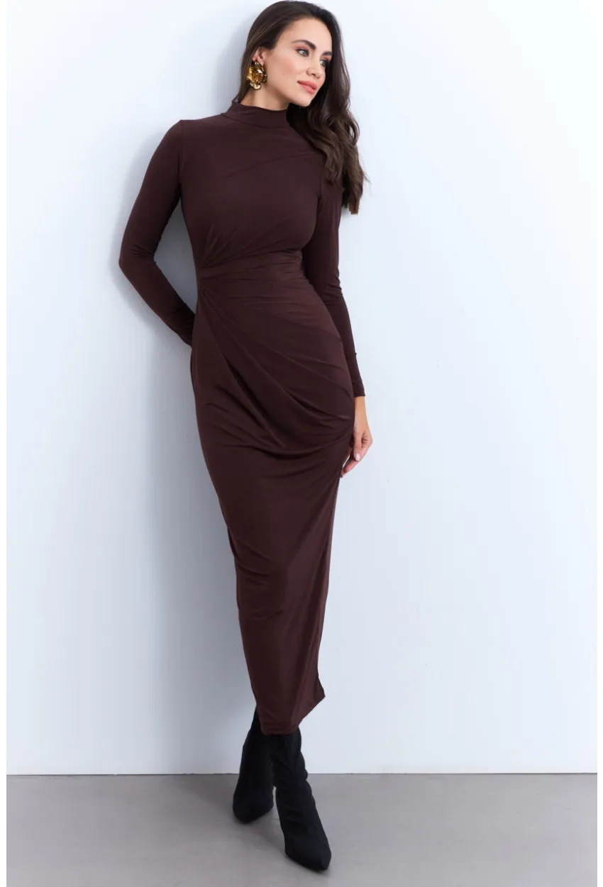 Kadın Kahverengi Drapeli Maxi Elbise LİK12