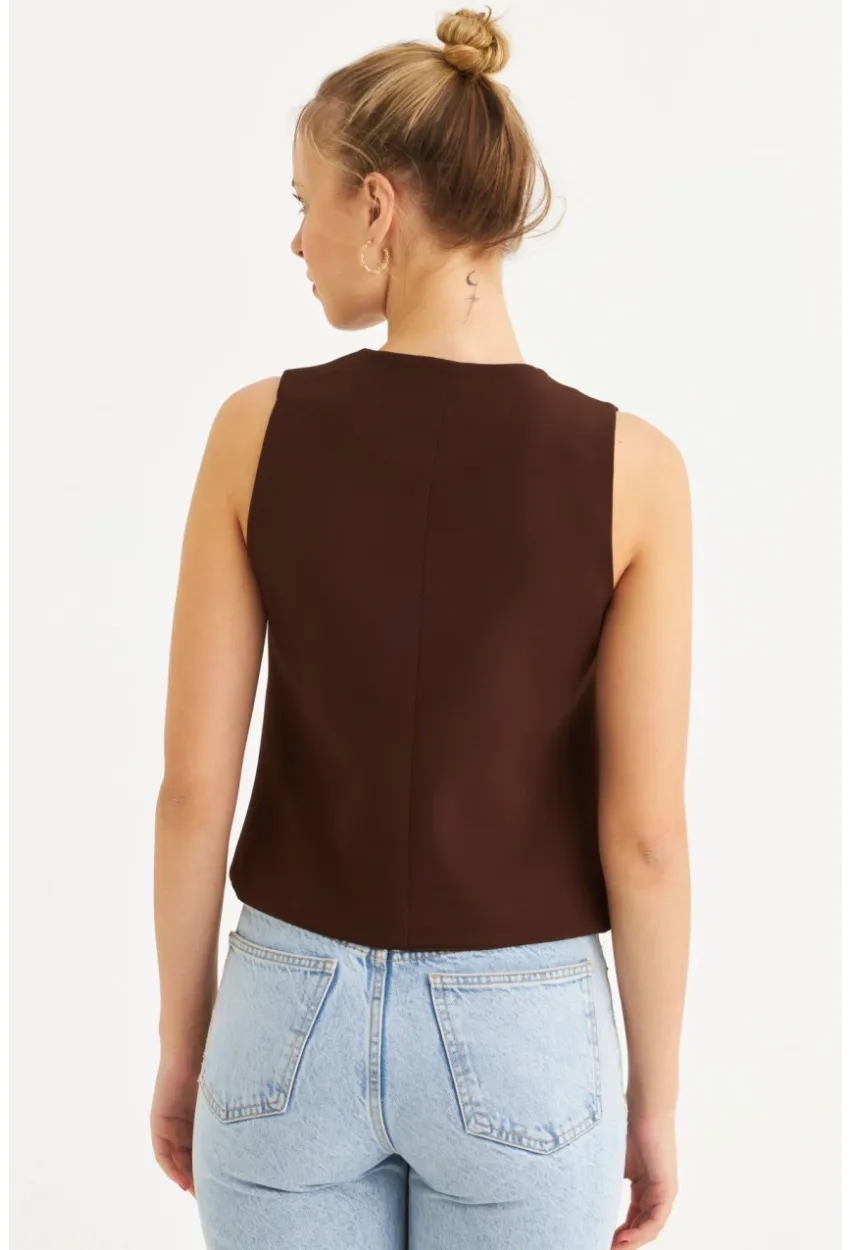 Kadın Kahverengi Düğme Detaylı Astarlı Yelek SGT410