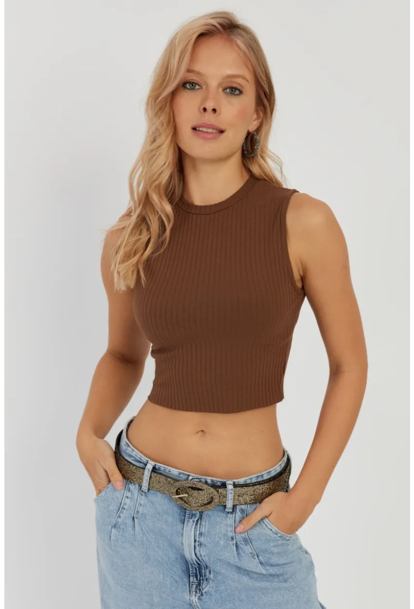Kadın Kahverengi Fitilli Crop Bluz LPP1262