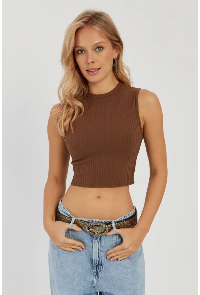 Kadın Kahverengi Fitilli Crop Bluz LPP1262