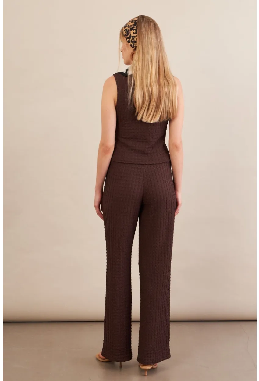Kadın Kahverengi Gofre Yelek Pantalon Takım FLU330