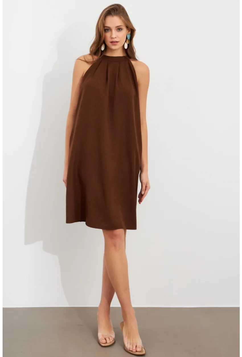Kadın Kahverengi Halter Yaka Midi Elbise NH5029