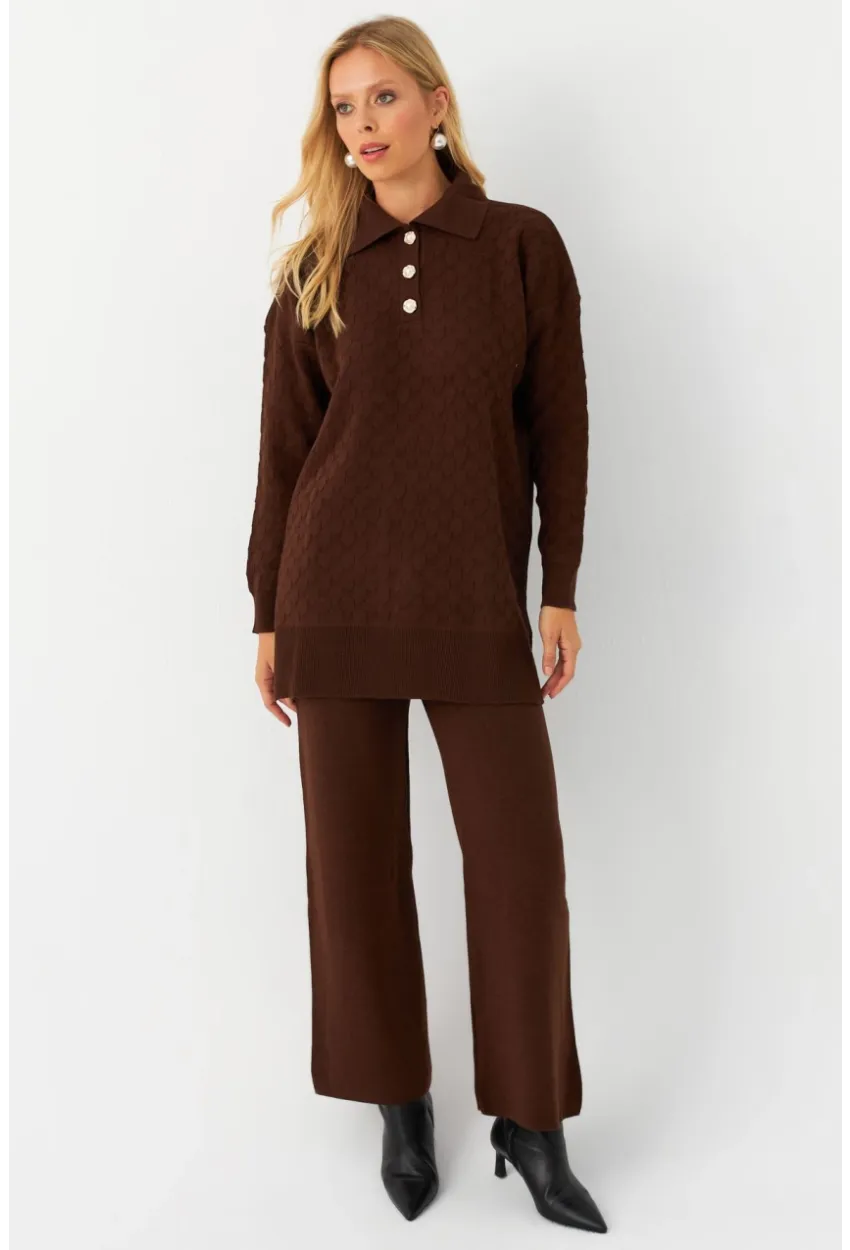 Kadın Kahverengi İnci Düğmeli Triko Alt Üst Takım MNUV33