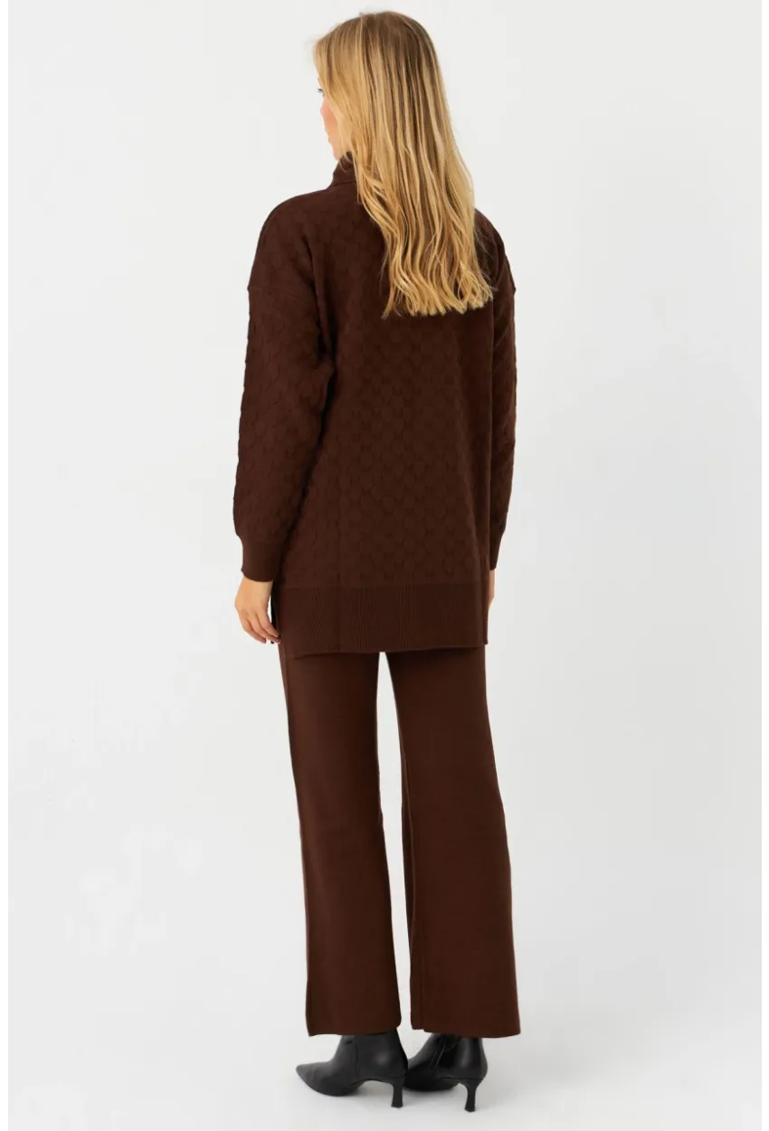 Kadın Kahverengi İnci Düğmeli Triko Alt Üst Takım MNUV33