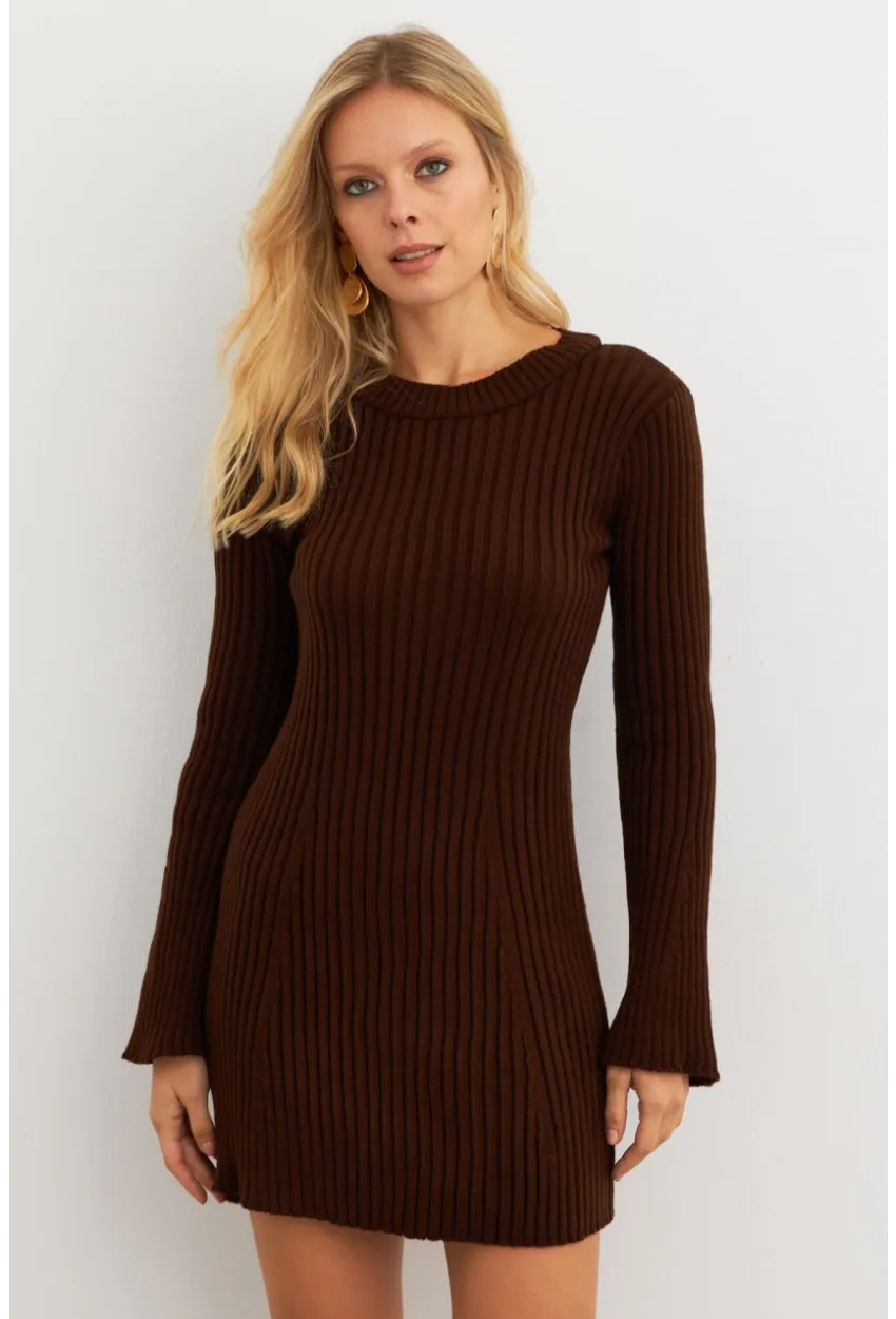 Kadın Kahverengi İspanyol Kol Triko Mini Elbise YV273