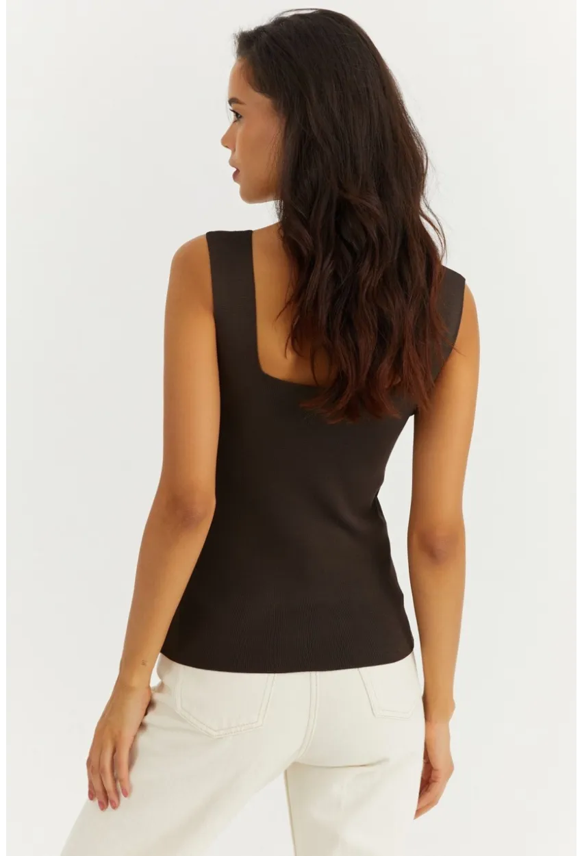 Kadın Kahverengi Kare Yaka Triko Bluz YV80