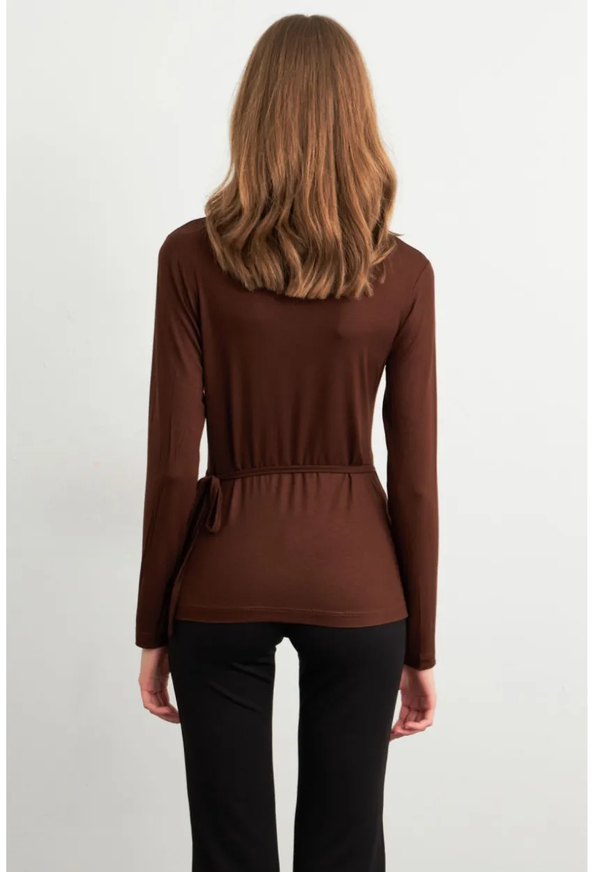 Kadın Kahverengi Kruvaze Bağlamalı Bluz EY3036