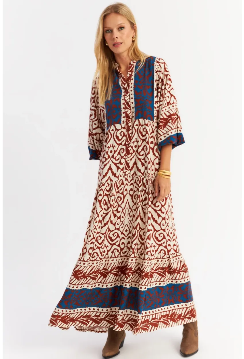 Kadın Kahverengi-Lacivert Volanlı Maxi Elbise MALO11