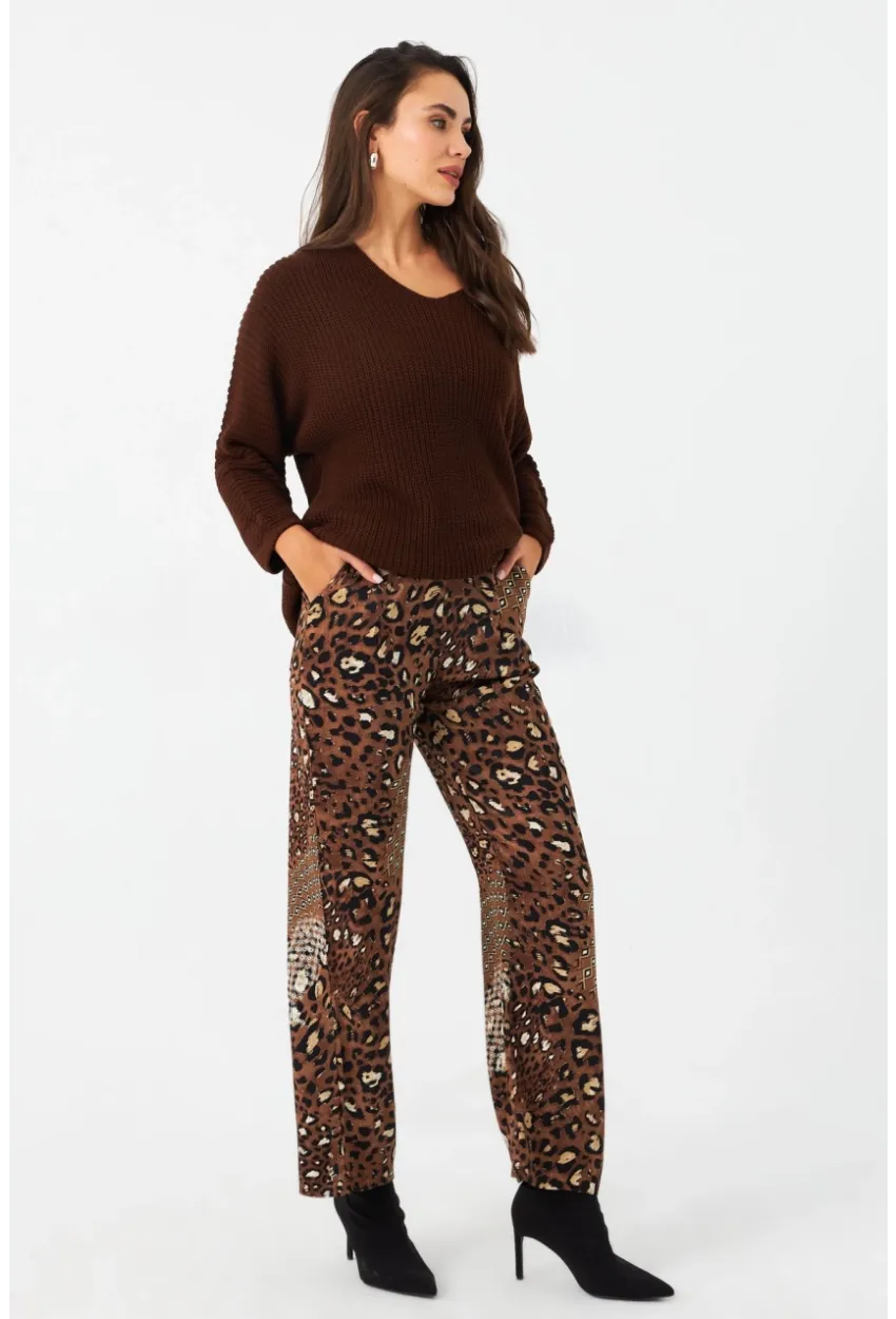 Kadın Kahverengi Leopar Desenli Saten Pantolon CAR1069