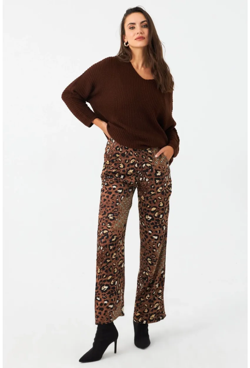 Kadın Kahverengi Leopar Desenli Saten Pantolon CAR1069