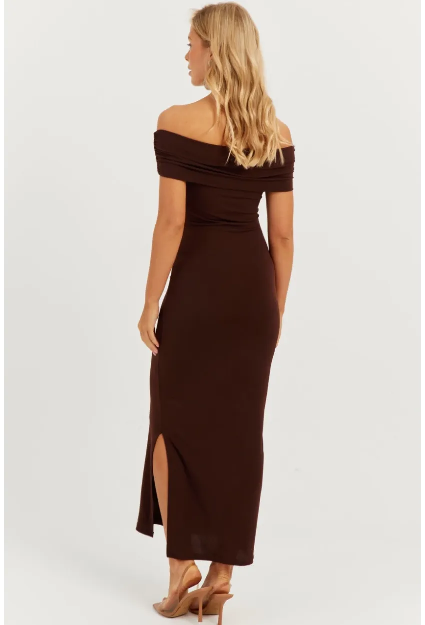 Kadın Kahverengi Madonna Yaka Midi Elbise DMR298