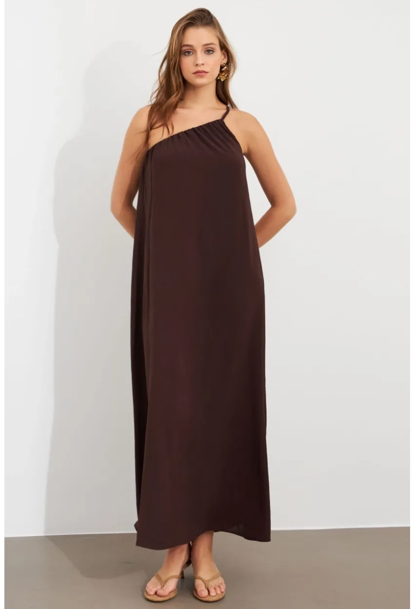 Kadın Kahverengi Tek Omuz Maxi Elbise İRE1012