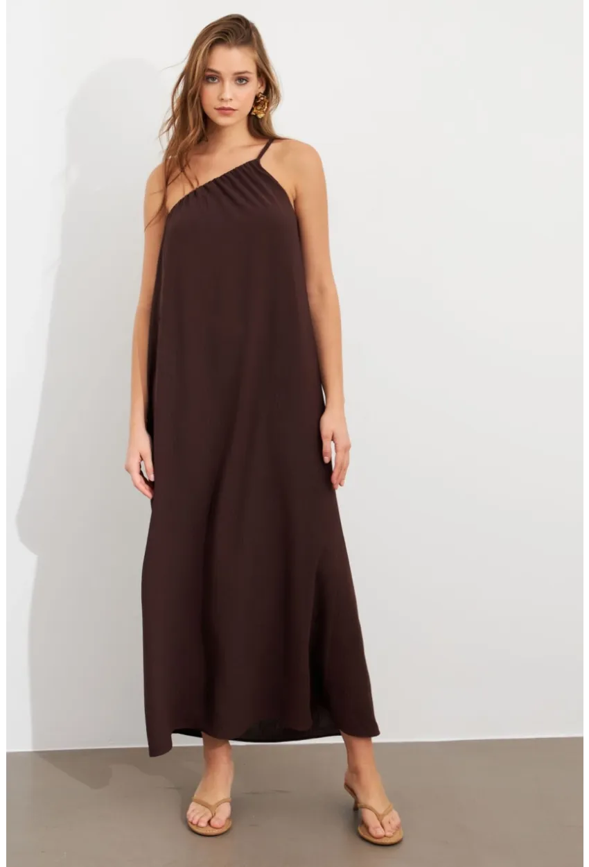 Kadın Kahverengi Tek Omuz Maxi Elbise İRE1012