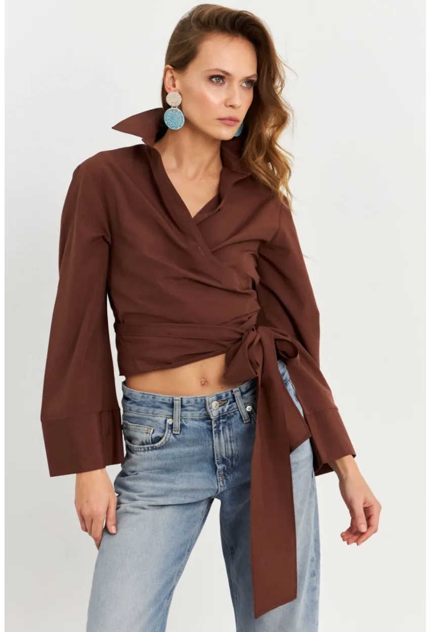 Kadın Kahverengi Önü Bağlamalı İspanyol Kol Gömlek MON142