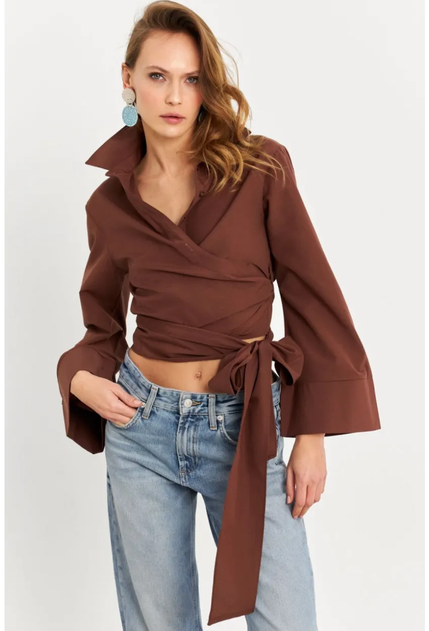 Kadın Kahverengi Önü Bağlamalı İspanyol Kol Gömlek MON142