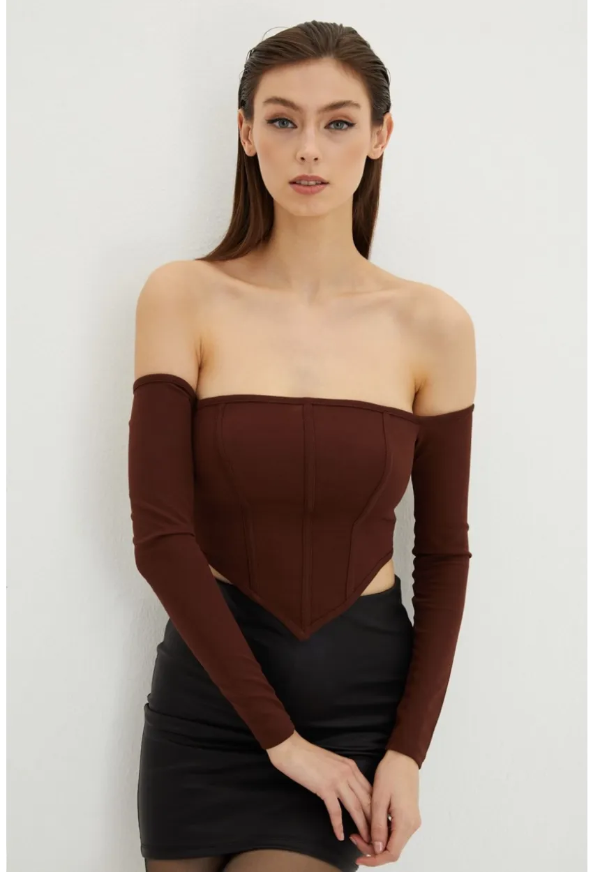 Kadın Kahverengi Sırt Fermuarlı Crop Bluz B518