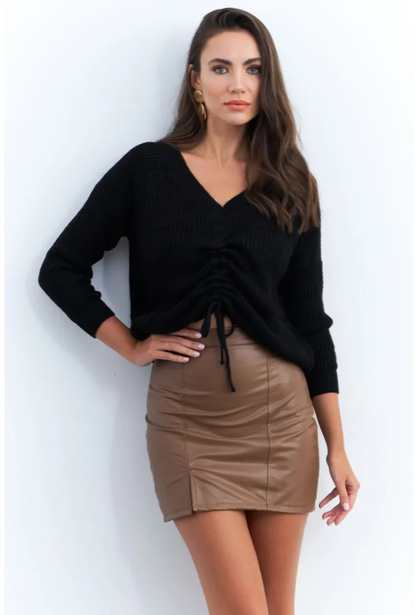 Kadın Kahverengi Suni Deri Mini Etek ELT3634