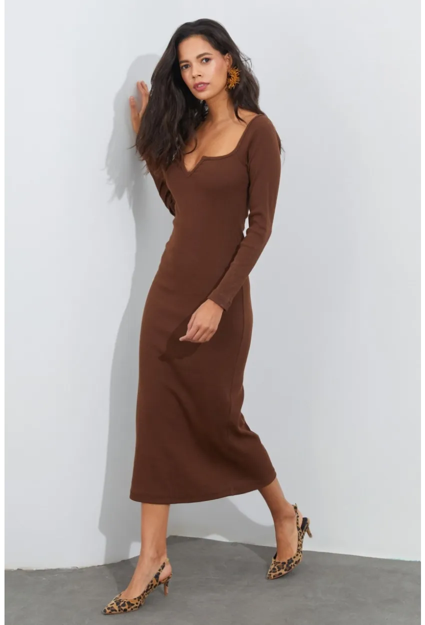 Kadın Kahverengi V Yaka Maxi Kaşkorse Elbise EY1086