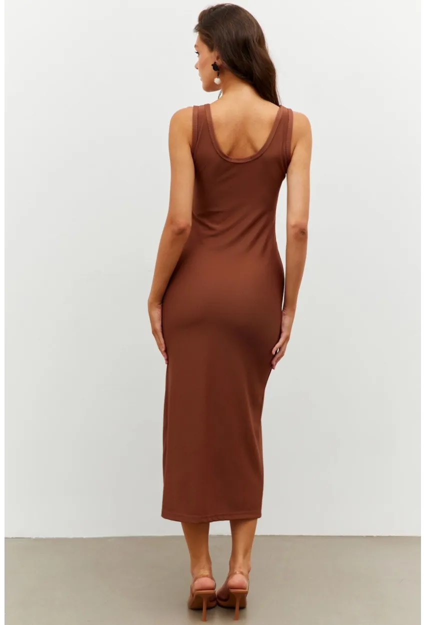 Kadın Kahverengi Yırtmaçlı Midi Elbise RMZ20950