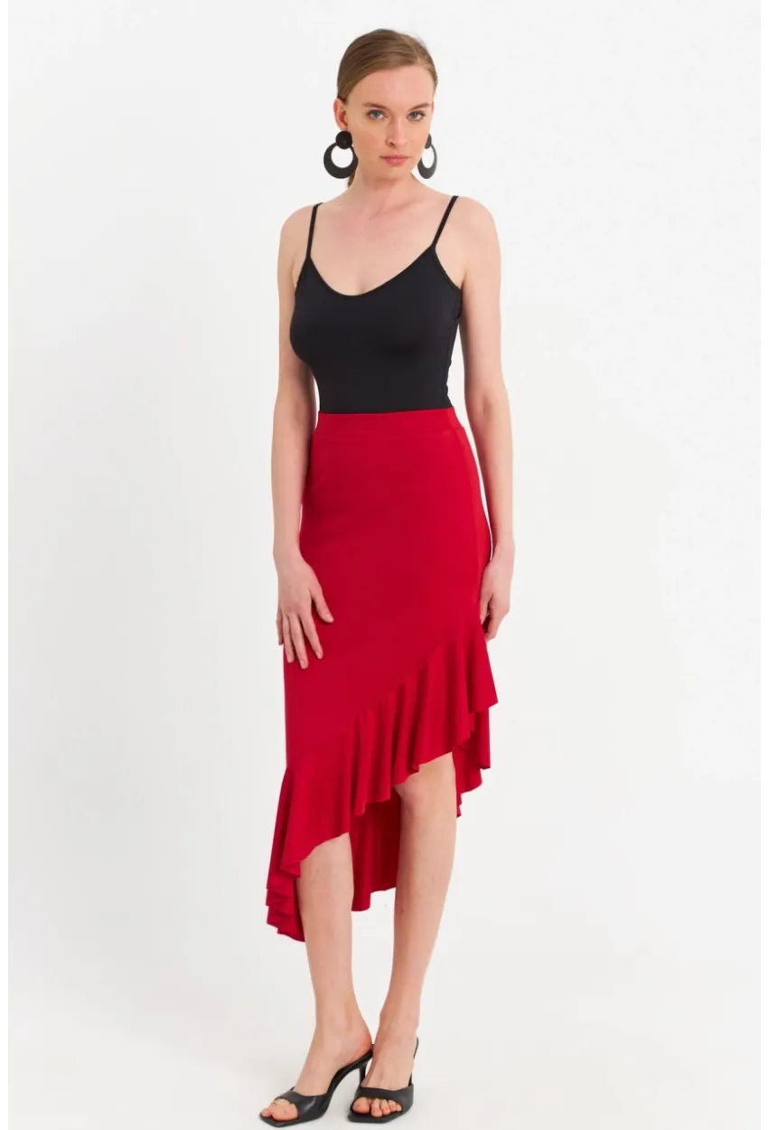 Kadın Kırmızı Asimetrik Pileli Etek EV741