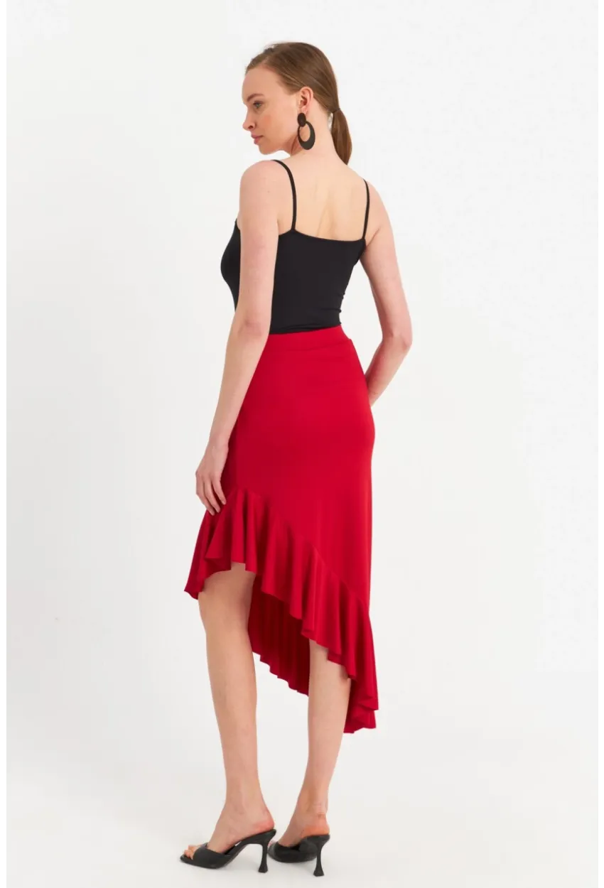 Kadın Kırmızı Asimetrik Pileli Etek EV741