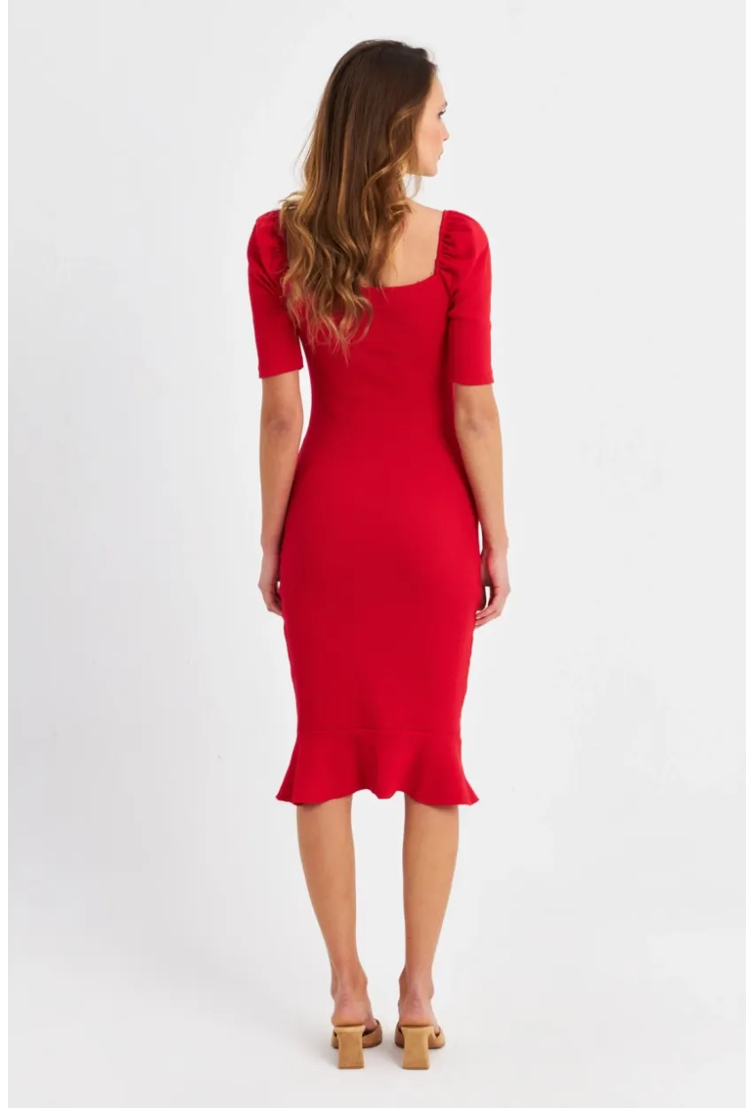 Kadın Kırmızı Balon Kol Eteği Volanlı Mevsimlik Midi Elbise Yİ2244
