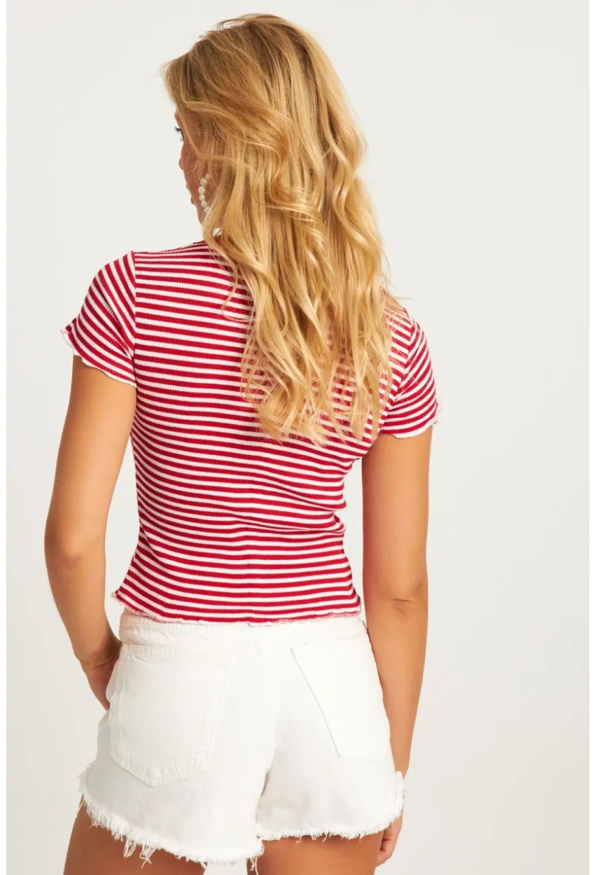 Kadın Kırmızı-Beyaz Çizgili Bluz XL2005