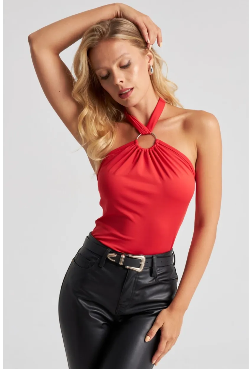 Kadın Kırmızı Boyun Bağlamalı Halkalı Crop Bluz EY2674