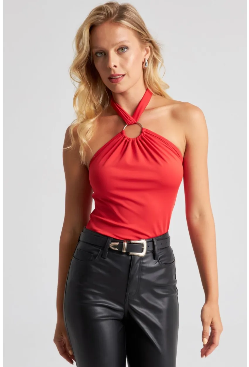 Kadın Kırmızı Boyun Bağlamalı Halkalı Crop Bluz EY2674