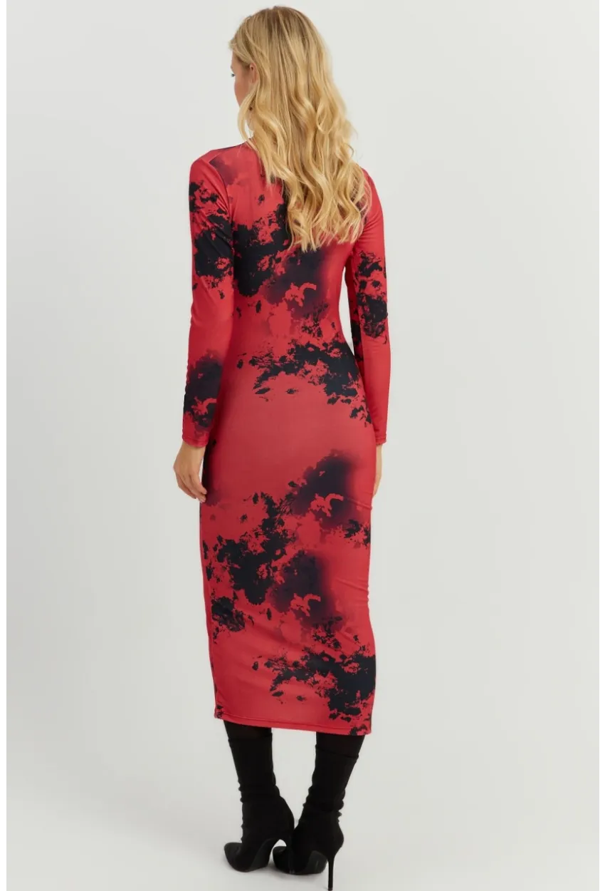 Kadın Kırmızı Büzgülü Desenli Midi Elbise MON118