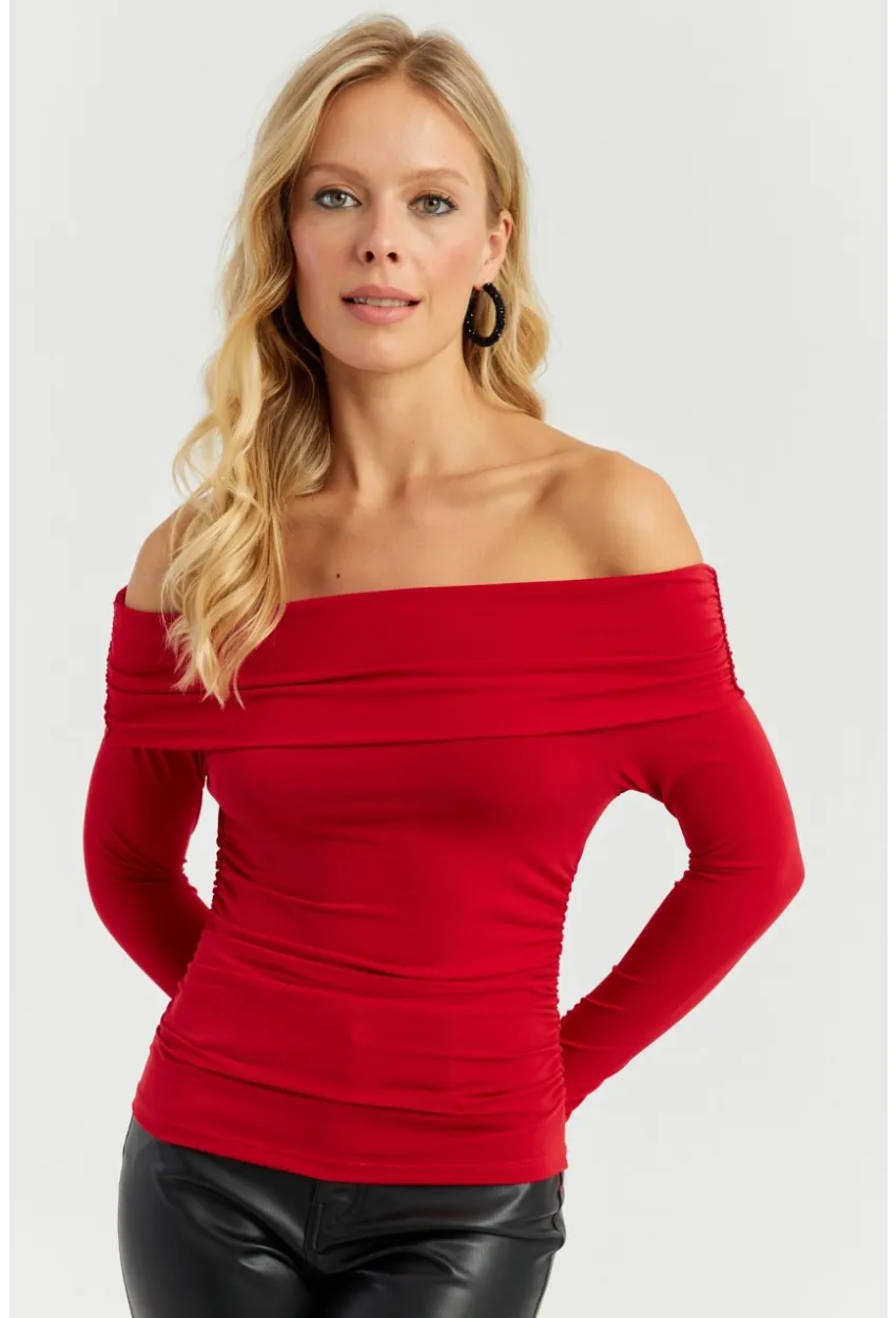 Kadın Kırmızı Büzgülü Madonna Bluz MON1119