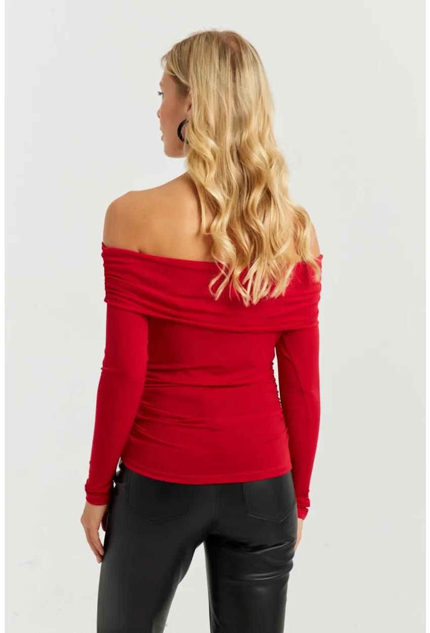 Kadın Kırmızı Büzgülü Madonna Bluz MON1119