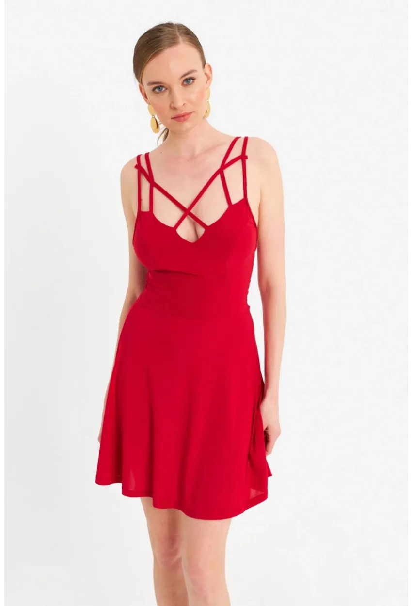 Kadın Kırmızı Çapraz Askılı Mini Elbise ELT182
