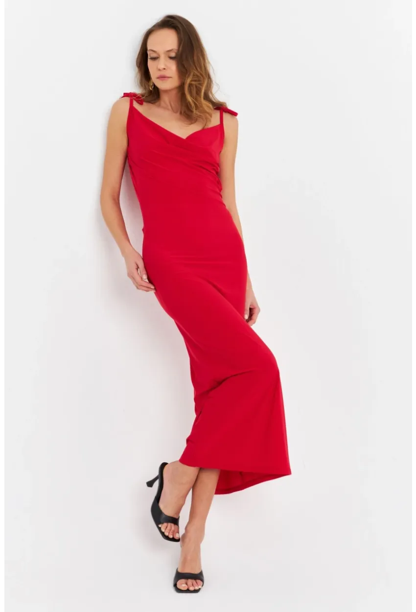 Kadın Kırmızı Degaje Maxi Elbise HOR0071