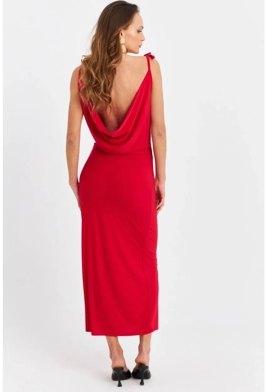 Kadın Kırmızı Degaje Maxi Elbise HOR0071