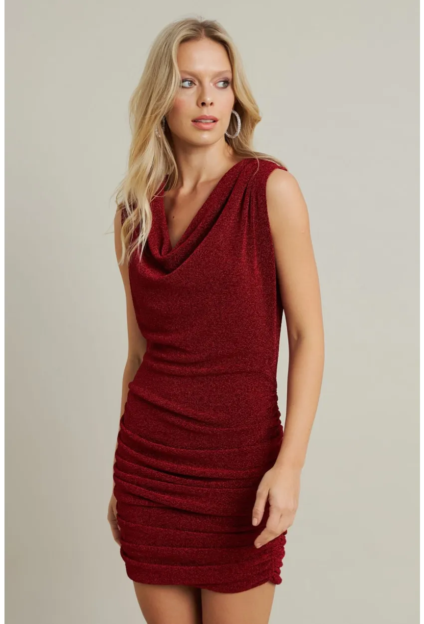 Kadın Kırmızı Degaje Yaka Büzgülü Mini Elbise YEL96