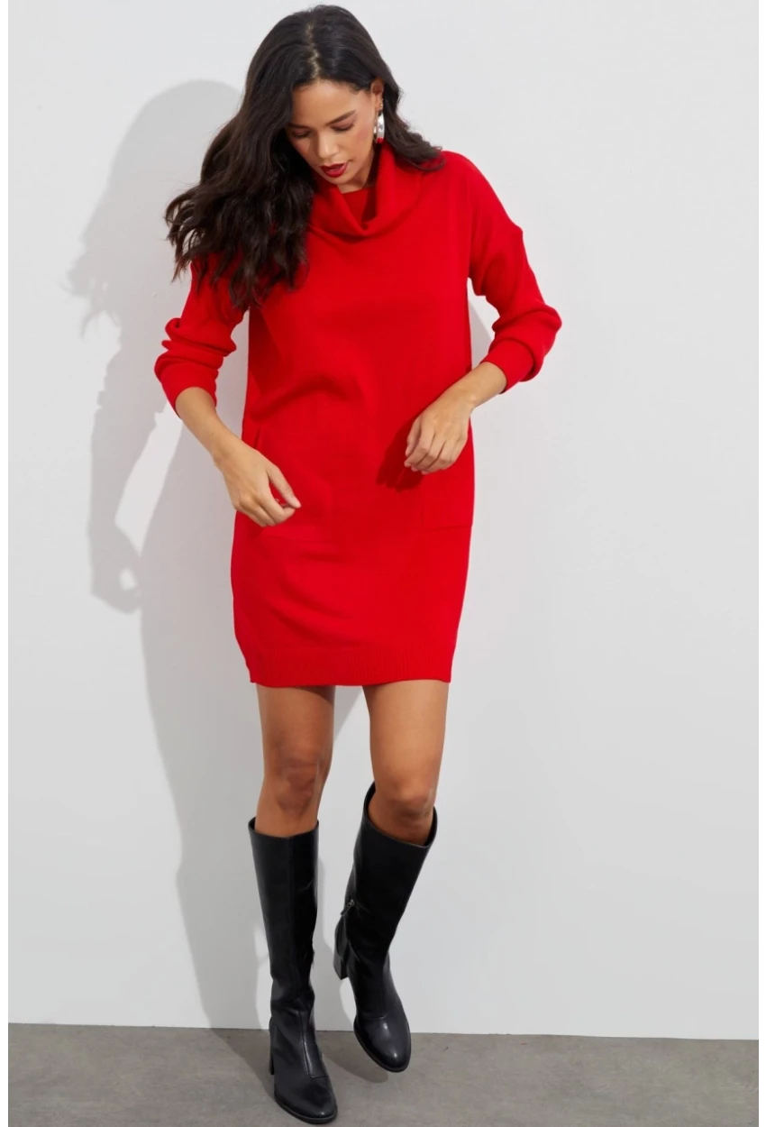 Kadın Kırmızı Degaje Yaka Triko Mini Elbise YV73