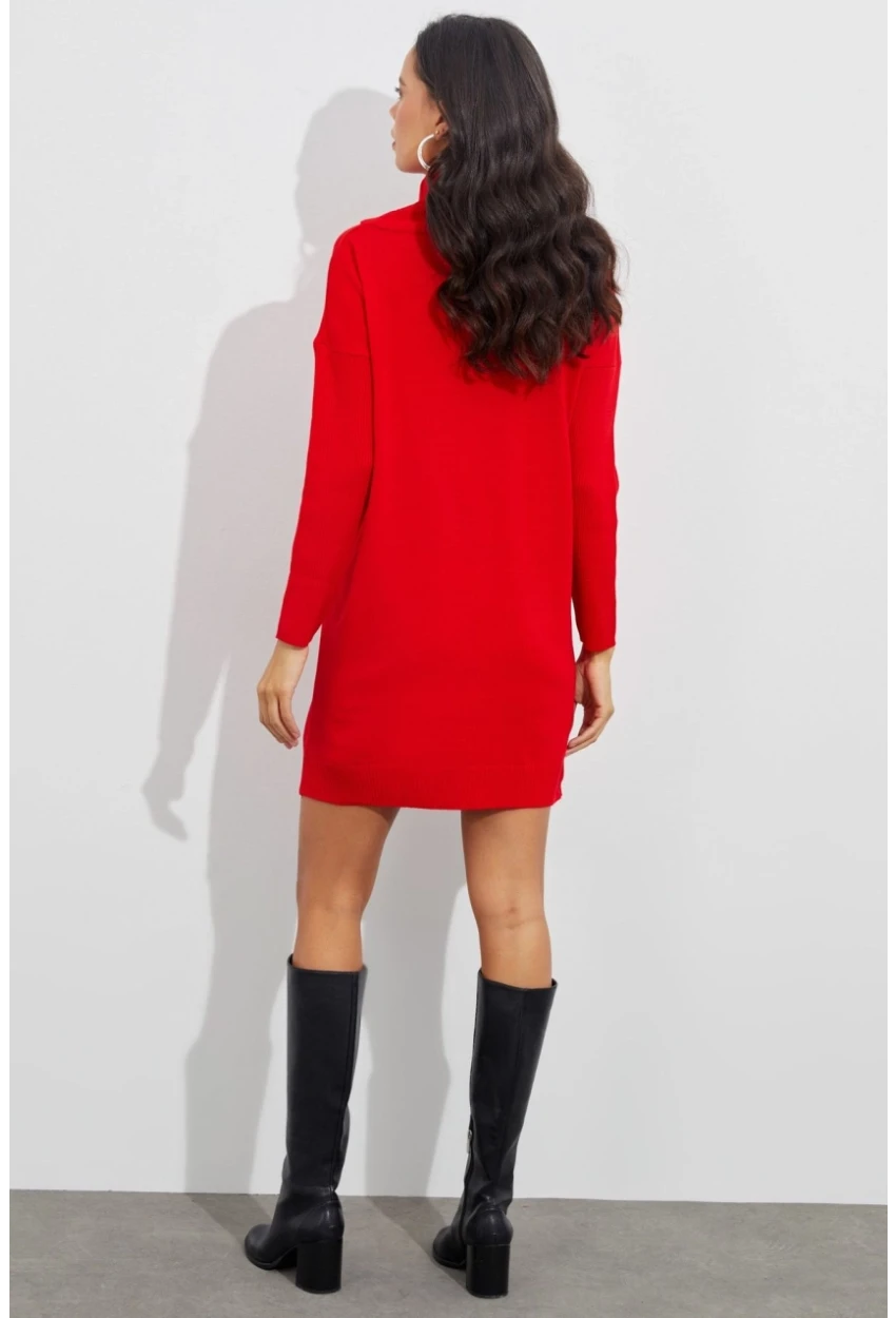 Kadın Kırmızı Degaje Yaka Triko Mini Elbise YV73