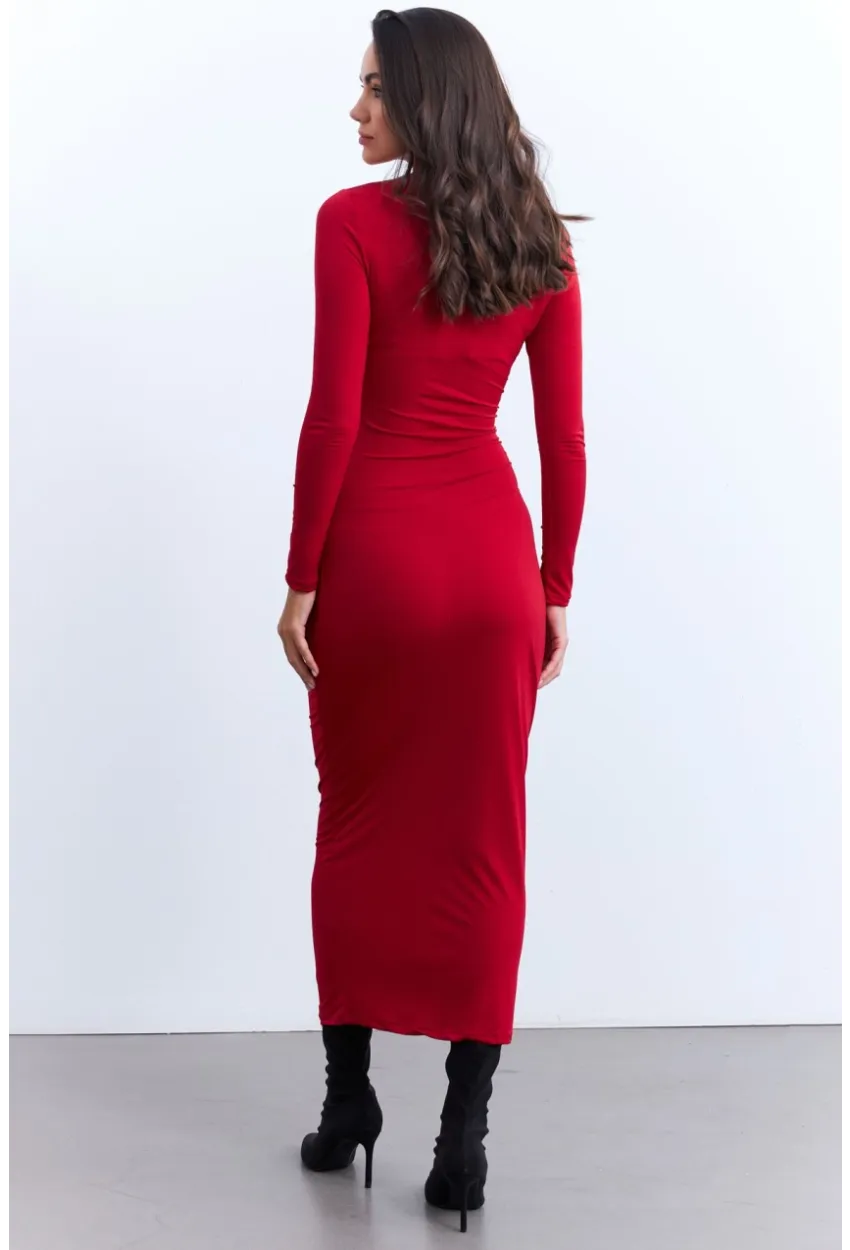 Kadın Kırmızı Drapeli Maxi Elbise LİK12