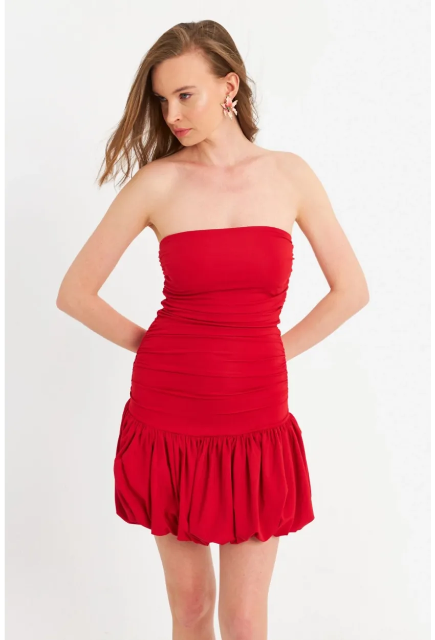 Kadın Kırmızı Drapeli Mini Elbise B6033