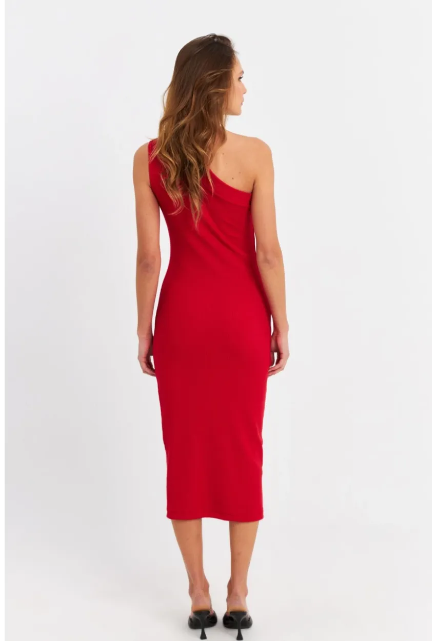 Kadın Kırmızı Düğme Aksesuarlı Kaşkorse Midi Elbise EY3081
