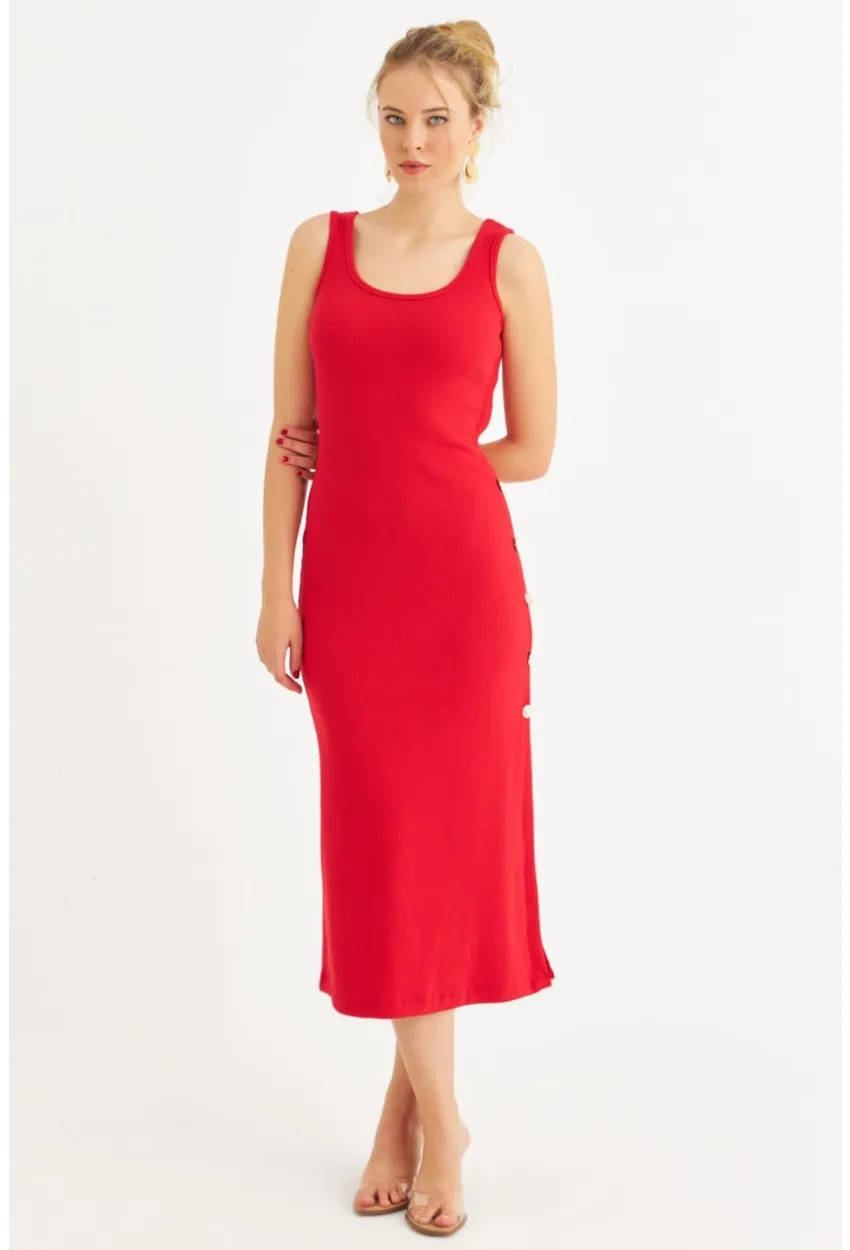 Kadın Kırmızı Düğme Detaylı Kaşkorse Midi Elbise EY2837