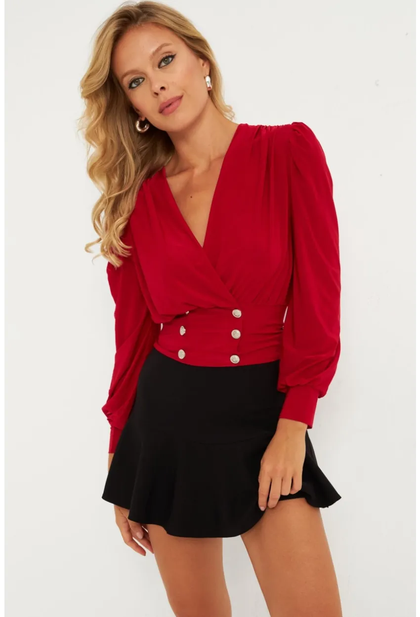 Kadın Kırmızı Düğme Detaylı Kruvaze Bluz ELT3188
