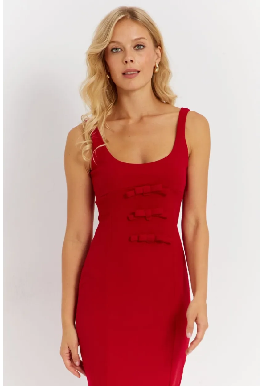 Kadın Kırmızı Fiyonk Detaylı Yırtmaçlı Midi Elbise KED4283