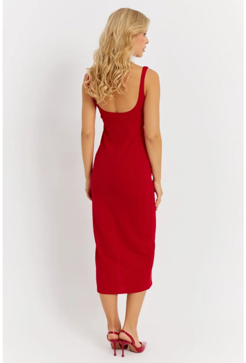 Kadın Kırmızı Fiyonk Detaylı Yırtmaçlı Midi Elbise KED4283