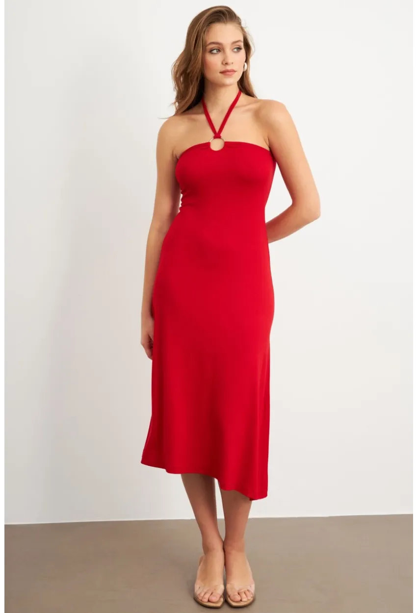 Kadın Kırmızı Halka Detaylı Midi Elbise EY3089