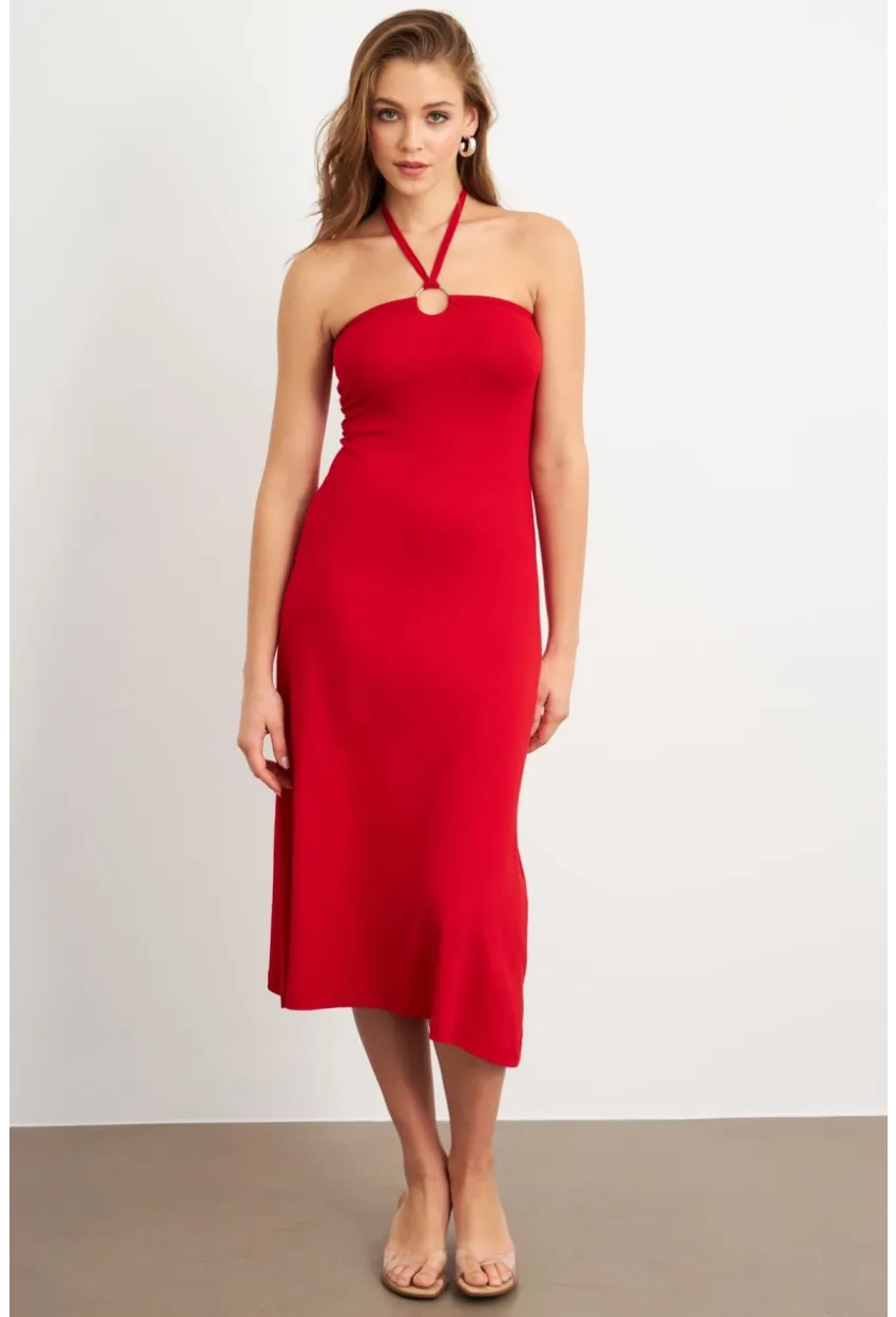 Kadın Kırmızı Halka Detaylı Midi Elbise EY3089