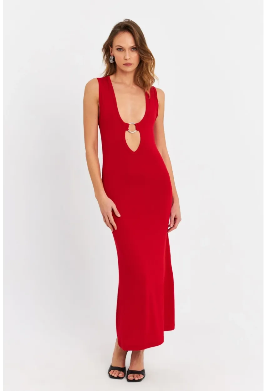 Kadın Kırmızı Halka Detaylı Pencereli Midi Elbise EY3078